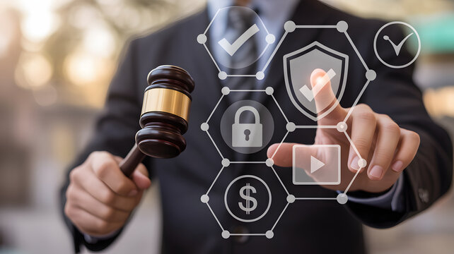 Professional judge presides over digital courtroom, overseeing security, finance, and legal proceedings with gavel and interactive interface