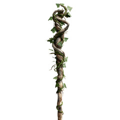 Ancient Staff: An image captures a captivating display of a mystical staff, intricately wrapped with a vibrant, leafy vine.