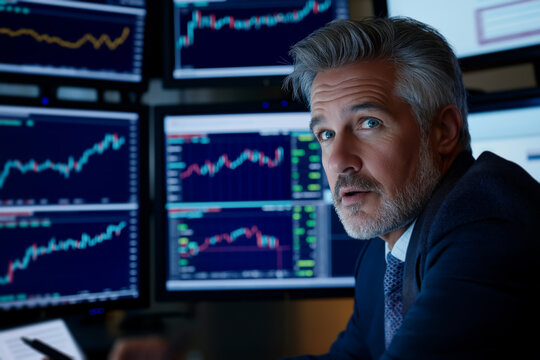 Experienced financial trader analyzes stock market data multiple computer screens