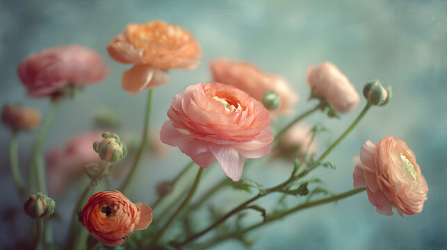Soft pastel ranunculus blossoms evoke delicate beauty and gentle romance, perfect for wedding invitations, spring decor, or serene feminine branding.