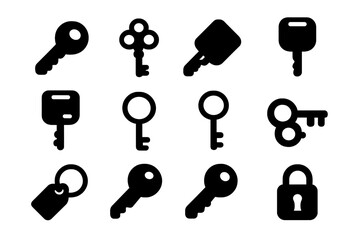 Set of Twelve Key Silhouettes and Padlock on White Background