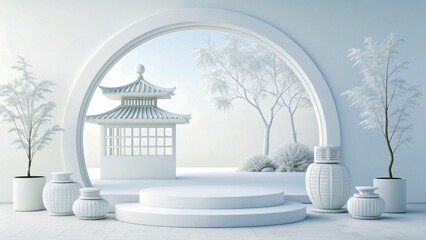 Winter palace with white arch in snowy park surrounded by historic architecture and landmarks