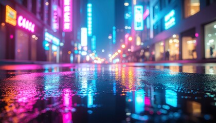 City Street at Night with Neon Reflections