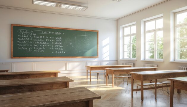 Classroom with Desks, Chairs, and Chalkboard - Powered by Adobe