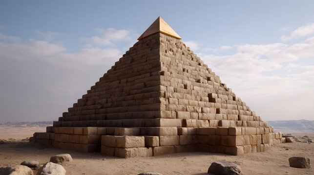 A majestic ancient stone pyramid with a golden capstone stands tall in a vast desert landscape under a bright cloudy sky