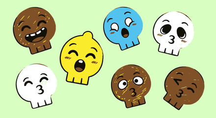 Playful cartoon skulls, each depicting a unique emotion with charming hand-drawn style, ideal for whimsical and expressive art