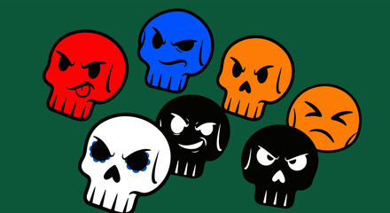 Colorful collection of seven cartoon skulls, each displaying a distinct emotion, on a deep green background