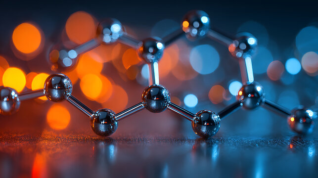 Intricate molecular structure representing interconnectedness, science, or innovation, highlighted with vibrant blue and orange bokeh, perfect for tech concepts
