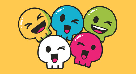 A vibrant group of diverse cartoon skulls showcasing cheerful expressions and playful camaraderie, perfect for lively designs and spirited content