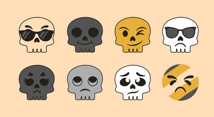 Cartoon skull vector set featuring diverse emotions happy, sad, angry, cool, and confused, ideal for various creative design projects