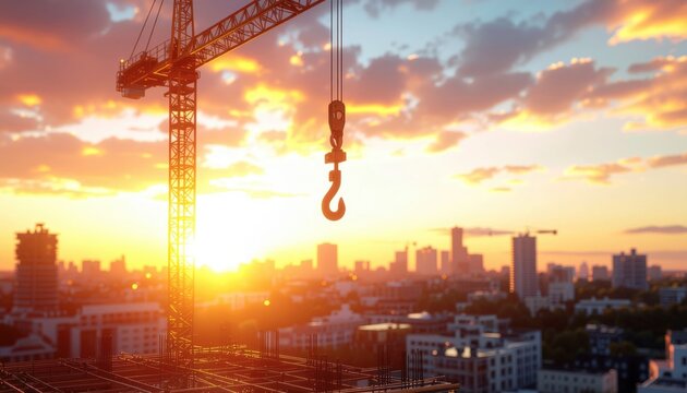 Construction Crane at Sunset Over City Skyline