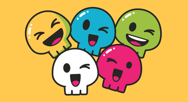 A vibrant group of diverse cartoon skulls showcasing cheerful expressions and playful camaraderie, perfect for lively designs and spirited content