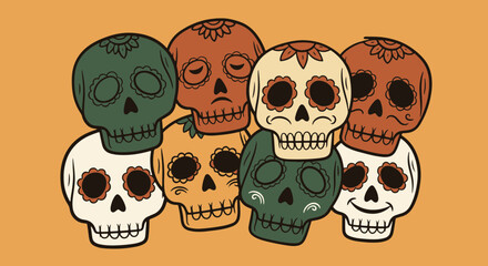 Vibrant and intricately decorated sugar skulls in an illustrative style, celebrating traditional festivities and cultural heritage with joyful symbolism