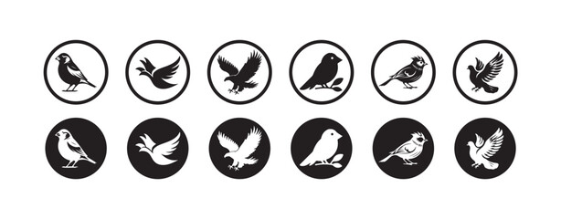 Bird Silhouette Icon Collection, Black & White Circular, bird icon symbol,  vector illustration EPS 10.