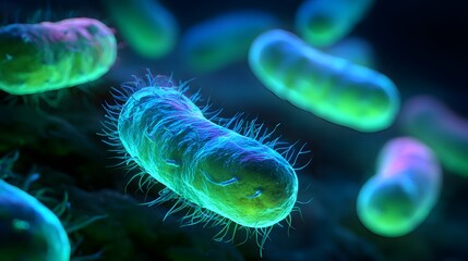 Microscopic rod shaped microorganisms glow with vibrant cyan and magenta light