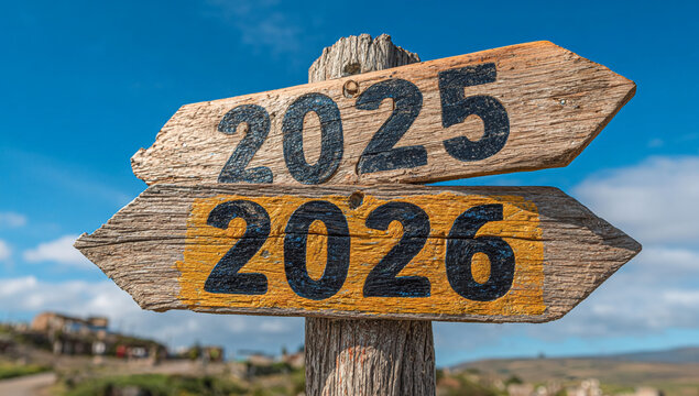 Wooden signpost with arrows pointing to 2025 and 2026, symbolizing future choices, new beginnings, and planning for the upcoming years.