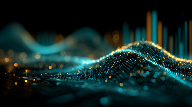 Dynamic data flow visualization with glowing dots, perfect for modern tech or science concepts, showing energy waves and digital connectivity, bright and modern - Powered by Adobe