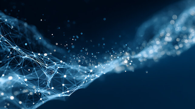 Dynamic, futuristic network structure with glowing nodes conveys innovation, connection, and cutting-edge technology for modern business and science projects