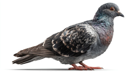 Obraz premium A side view of a pigeon standing on a white background with its feathers clearly visible
