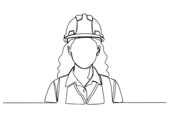 Continuous line drawing depicting a professional worker in a hard hat, symbolizing safety and expertise in engineering or industrial construction