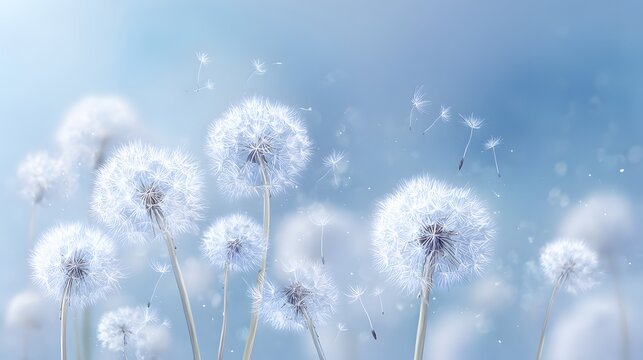 Numerous white dandelion seed heads float against a soft blue sky background