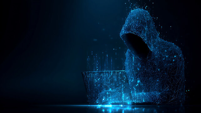 Cybersecurity threat concept with digital hacker using laptop, data breach and network security, modern technology attack, potential for global financial crime - Powered by Adobe