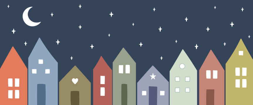 Vektorgrafik mit bunten H&auml;usern, Mond und Sternenhimmel.