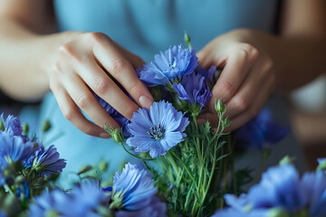Fototapeta premium Florist Crafting a Bouquet with Vibrant Chicory Flowers 