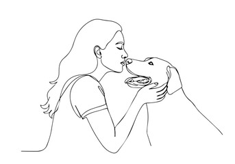 Continuous line drawing depicting a tender moment of a woman kissing her dog, symbolizing the deep affection, friendship, and unbreakable human-animal connection