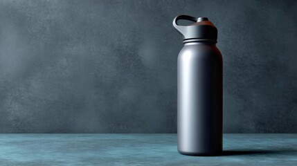 Black water bottle with a black lid and handle. the bottle is standing on a blue surface with a dark grey background.