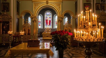 Obraz premium Serene Sanctuary Interior: The grand interior of a church, adorned with candles, intricate decorations and a stained-glass window. A tranquil scene of faith and beauty.