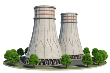 Two large cooling towers stand tall surrounded by green trees and a circular road on a transparent background