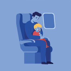 A father comforts a crying child on an airplane. They sit in a blue seat with a window