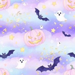 Obraz premium Spooky Halloween Dreamscape: A whimsical illustration with a Halloween theme, featuring cheerful pumpkins, ghostly apparitions, and playful bats soaring amidst a starry sky and dreamy clouds.
