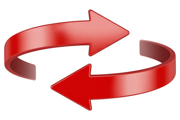 Two red arrows going in opposite directions form a complete circle or loop in an endless rotation on a transparent background