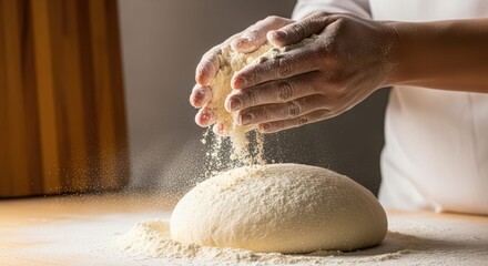 Artisan Flour Ritual: Hands carefully cradle the ingredients, orchestrating the creation of a doughy masterpiece, ready to be transformed into a culinary delight.