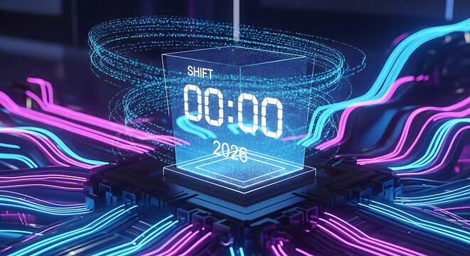 Futuristic technology concept with a digital display showing '00:00 2026' surrounded by glowing wires and circuitry. - Powered by Adobe
