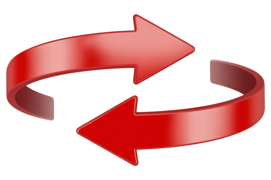 Two red arrows going in opposite directions form a complete circle or loop in an endless rotation on a transparent background
