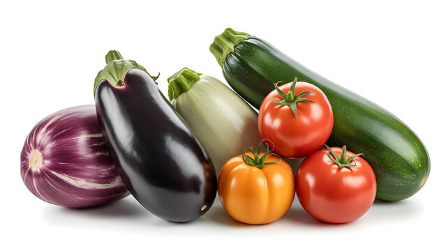 Enjoy fresh organic garden vegetables for healthy eating and summer recipes including eggplant zucchini and tomatoes on a bright white background