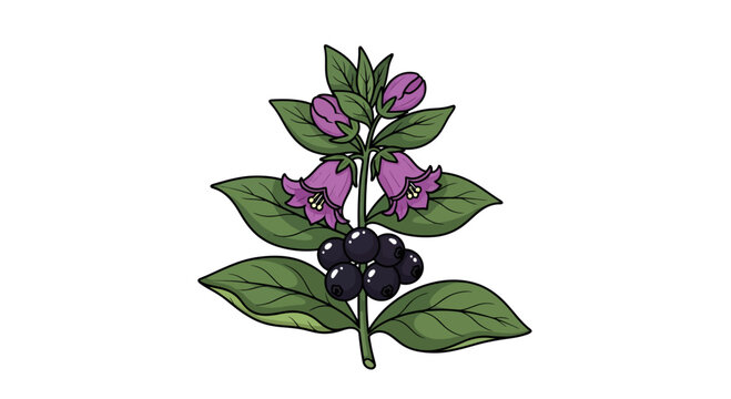 Detailed botanical illustration capturing the deadly nightshade plant in bloom and berry ready for