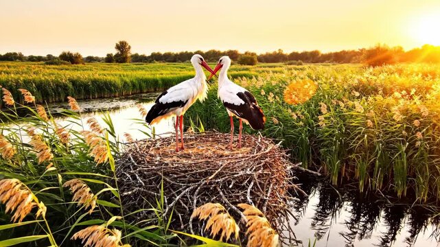 Two storks in a nest at sunset in a lush wetland