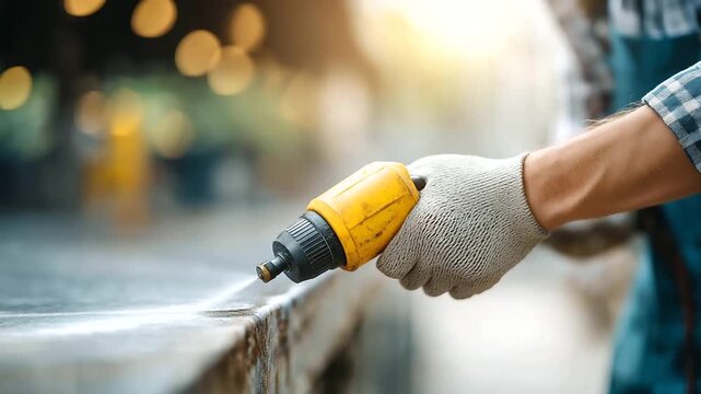 Manual sandblasting removing rust with defocused metal surface, faceless maintenance process, industrial visualization detail, blurred protective background, rust removal concept,
