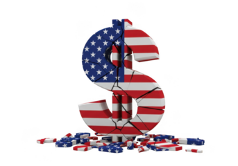 Cracked dollar sign with american flag pattern, isolated on transparent background, symbolizing economic crisis or breakdown