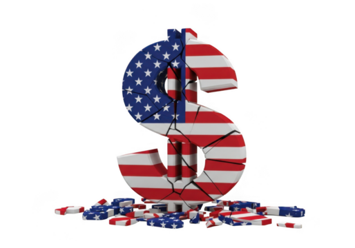 Cracked dollar sign with american flag pattern, isolated on transparent background, symbolizing economic crisis or breakdown