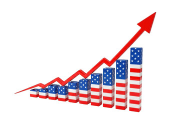 A bar graph made of stacked blocks with the american flag pattern, showing an upward trend with a red arrow, symbolizing economic growth in the usa isolated on transparent background