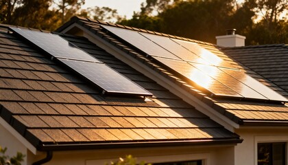 Medium shot of solar shingles embedded in a sloped roof capturing sunlight reflection and sustainable energy design in housing.