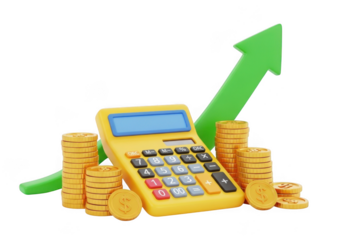 Yellow calculator with stacks of gold coins and a green upward arrow, symbolizing financial growth, isolated on transparent background