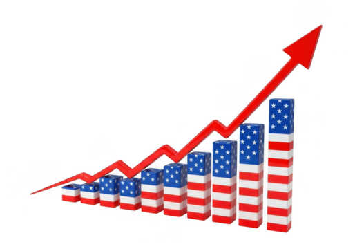 A bar graph made of stacked blocks with the american flag pattern, showing an upward trend with a red arrow, symbolizing economic growth in the usa isolated on transparent background - Powered by Adobe