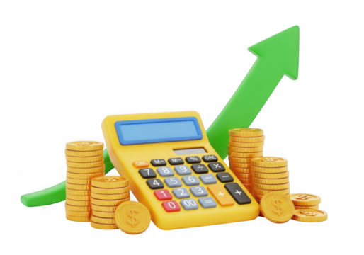Yellow calculator with stacks of gold coins and a green upward arrow, symbolizing financial growth, isolated on transparent background