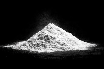 A creative art setting features white powder that bears a resemblance to snow, gently illuminated against a dark backdrop